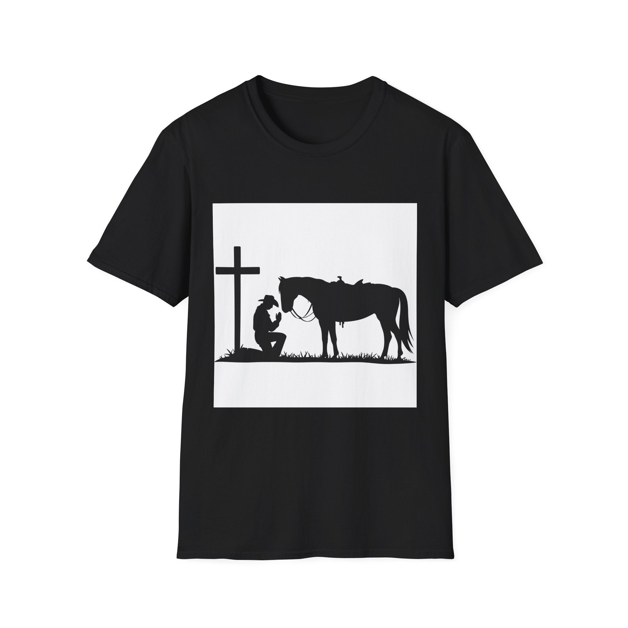Cowboy and Horse Tribute Unisex T-Shirt, Western Vintage Tee, Horse Lover Gift, Memorial Shirt, Cowboy Design Shirt, QR Code Art Tee