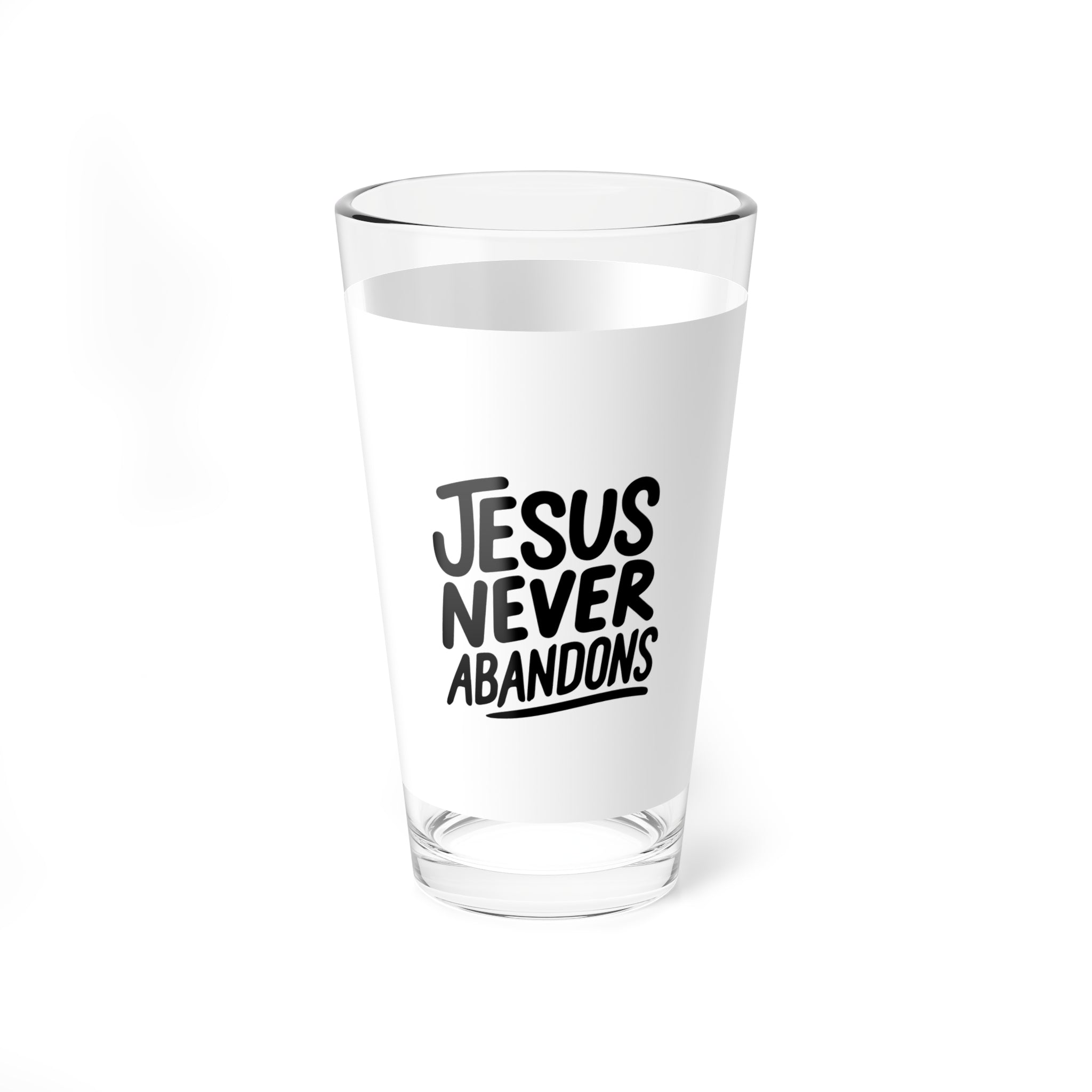 Jesus Never Abandons Mixing Glass, 16oz Cocktail Glass, Inspirational Drinkware, Perfect Gift for God Lovers, Parties, Celebrations